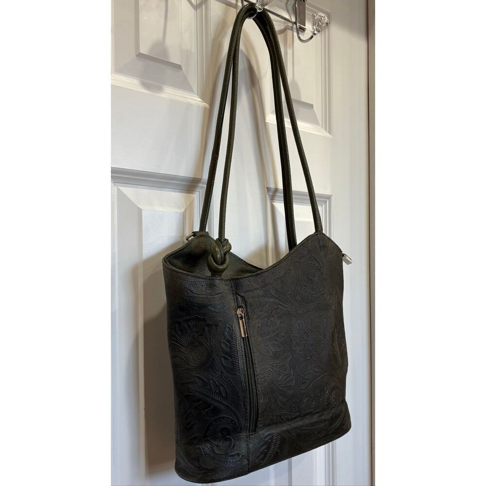 SOLO PERCHE - 🎉HP🎉NWOT "Varese" Tooled Leather Shoulder-to-Backpack/Olive Green - Picture 12 of 16